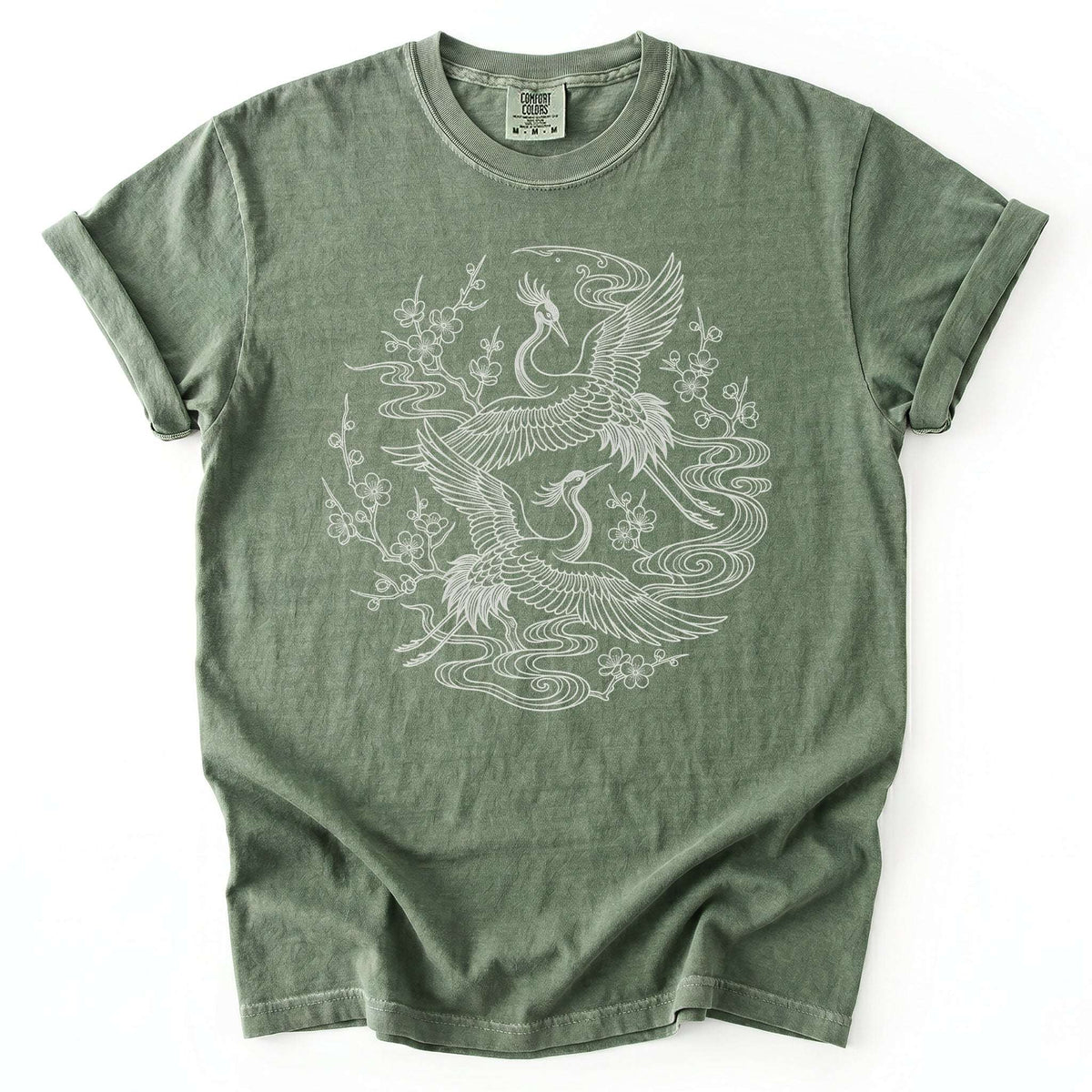 Crane & Blossom Line Art Vintage Washed T-Shirt