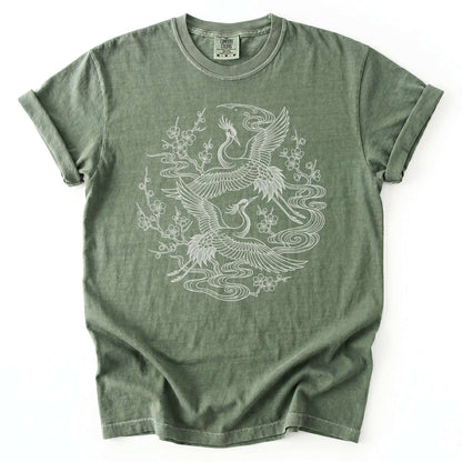 Crane & Blossom Line Art Vintage Washed T-Shirt