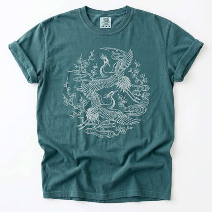 Crane & Blossom Line Art Vintage Washed T-Shirt