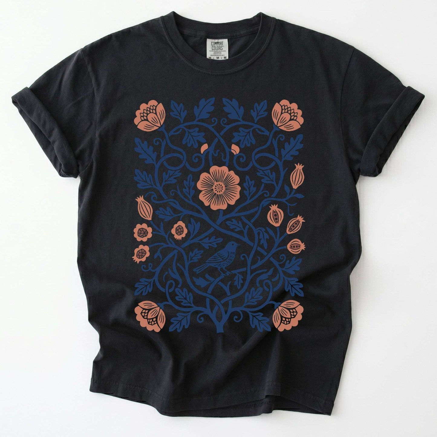 Floral Folk Art Bird Vintage Washed T-Shirt