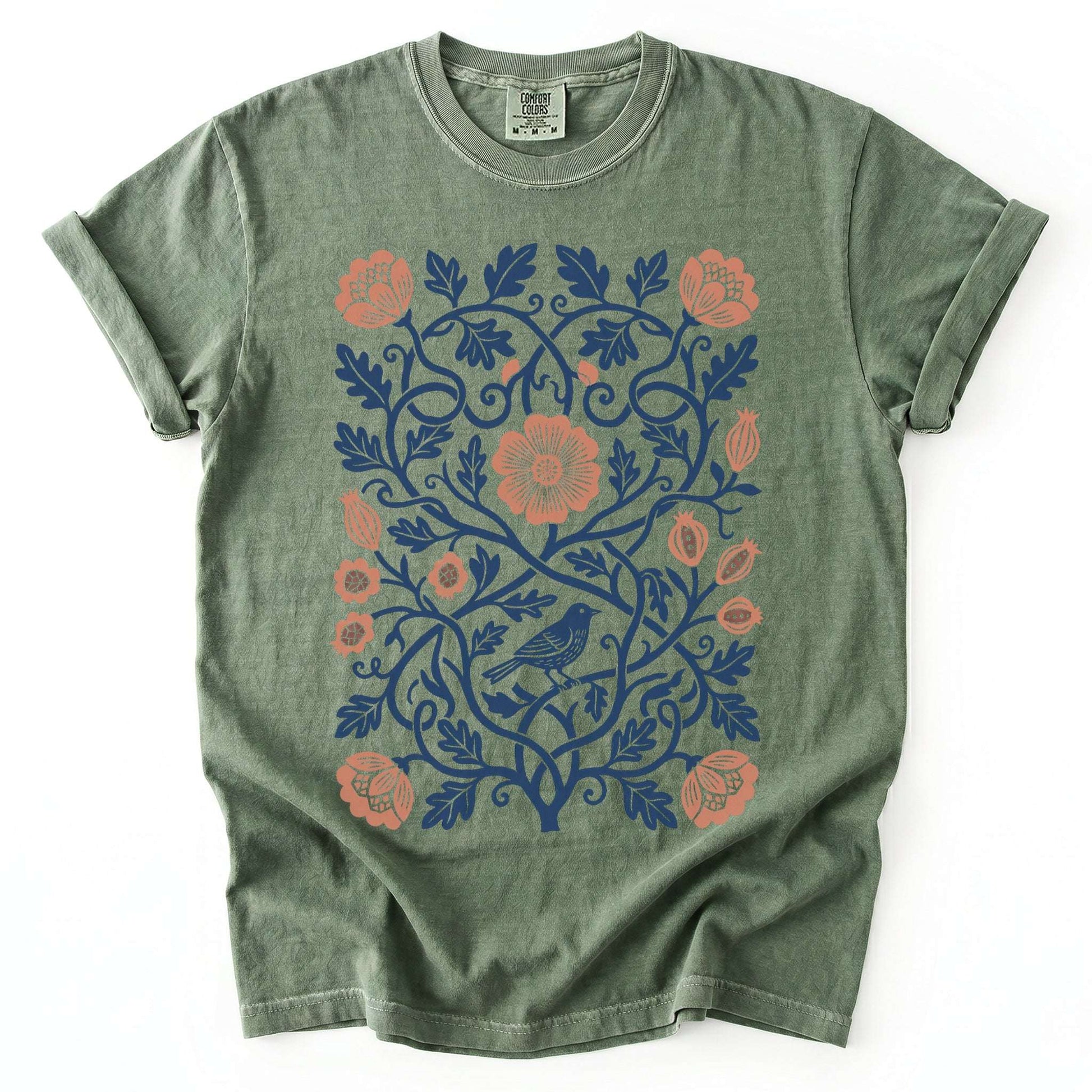 Floral Folk Art Bird Vintage Washed T-Shirt