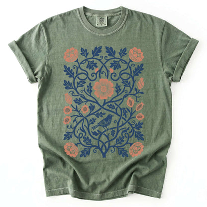 Floral Folk Art Bird Vintage Washed T-Shirt