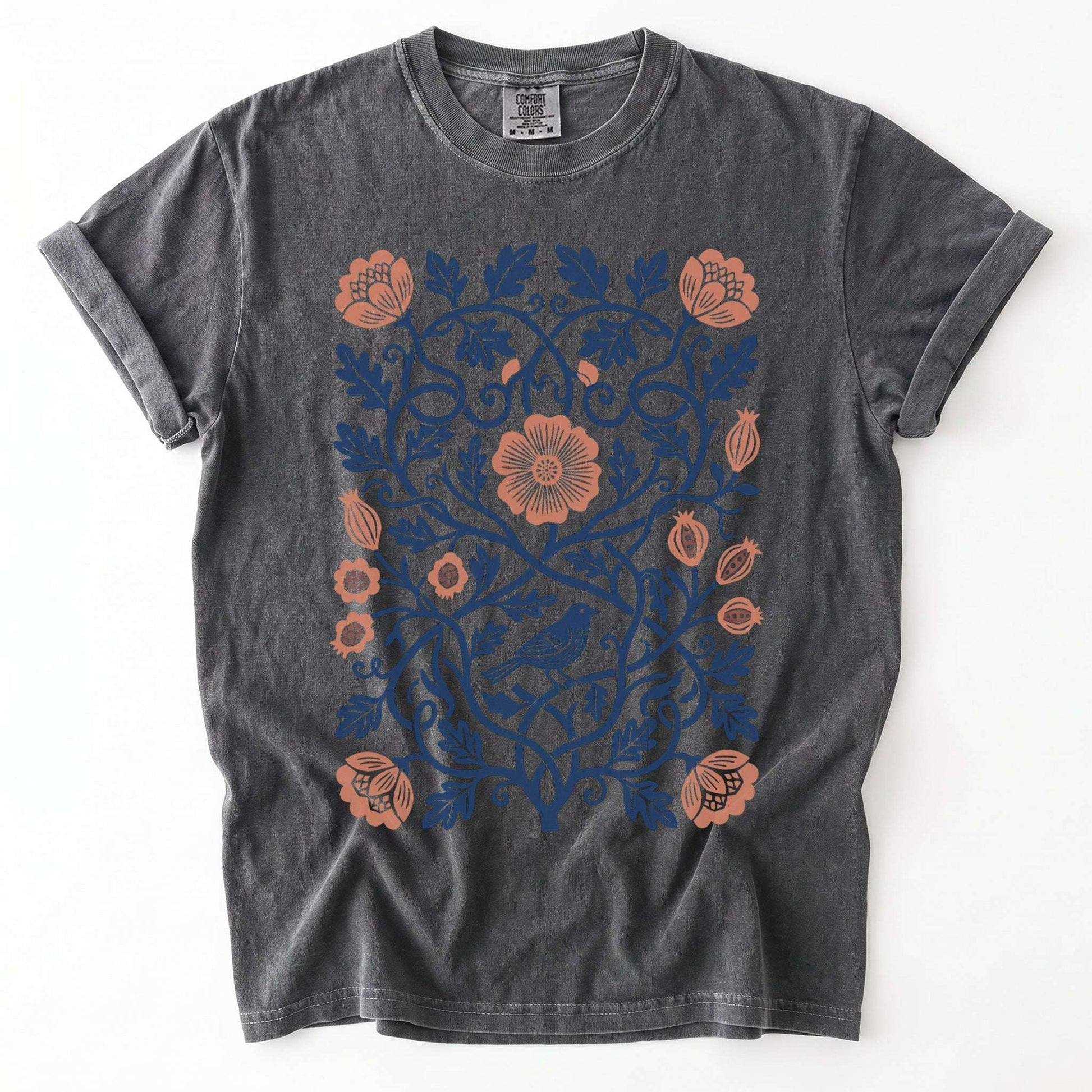 Floral Folk Art Bird Vintage Washed T-Shirt