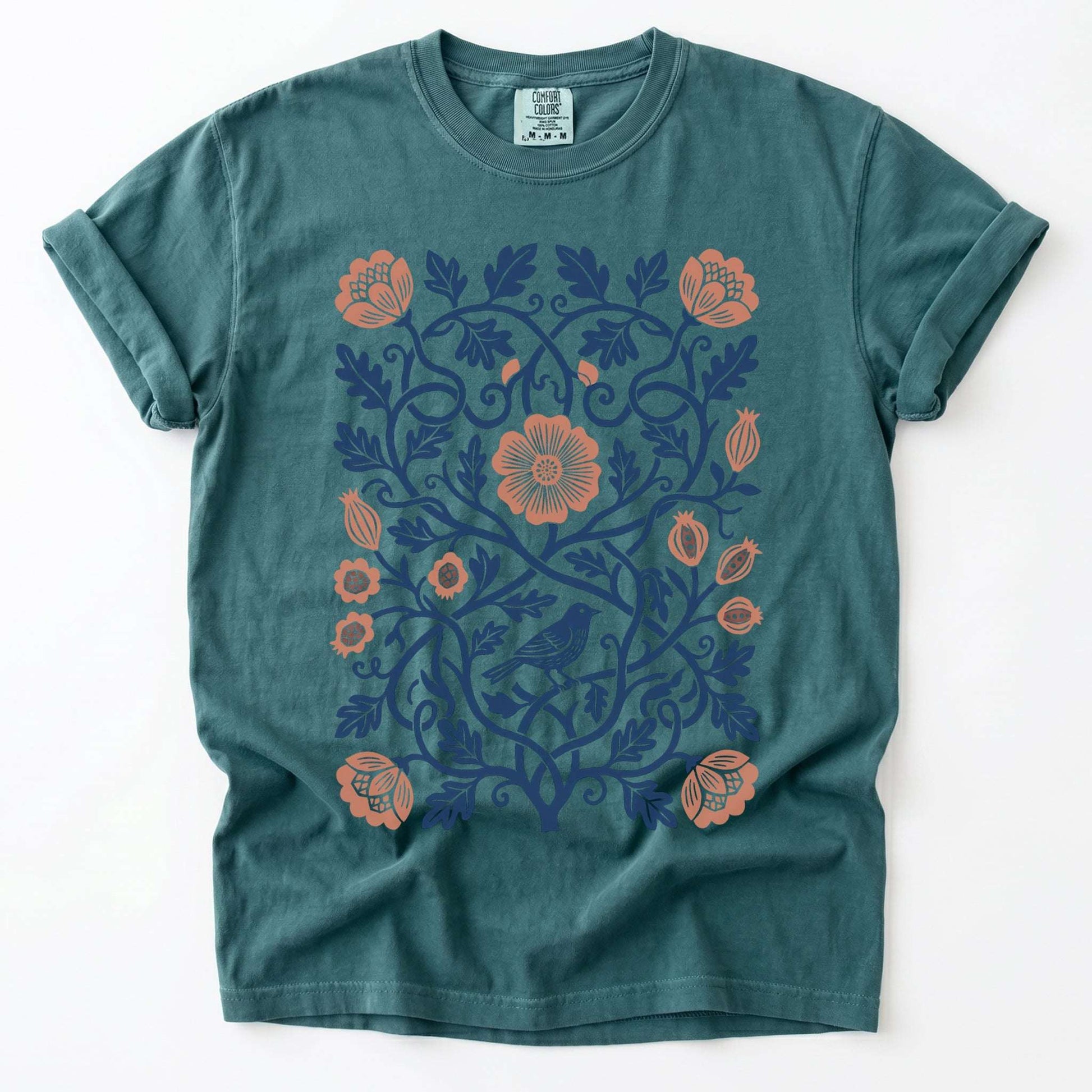 Floral Folk Art Bird Vintage Washed T-Shirt