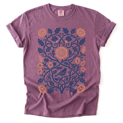 Floral Folk Art Bird Vintage Washed T-Shirt
