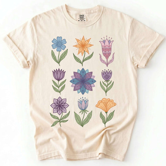 Folk Art Botanical Grid Vintage Washed T-Shirt
