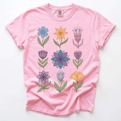 Folk Art Botanical Grid Vintage Washed T-Shirt