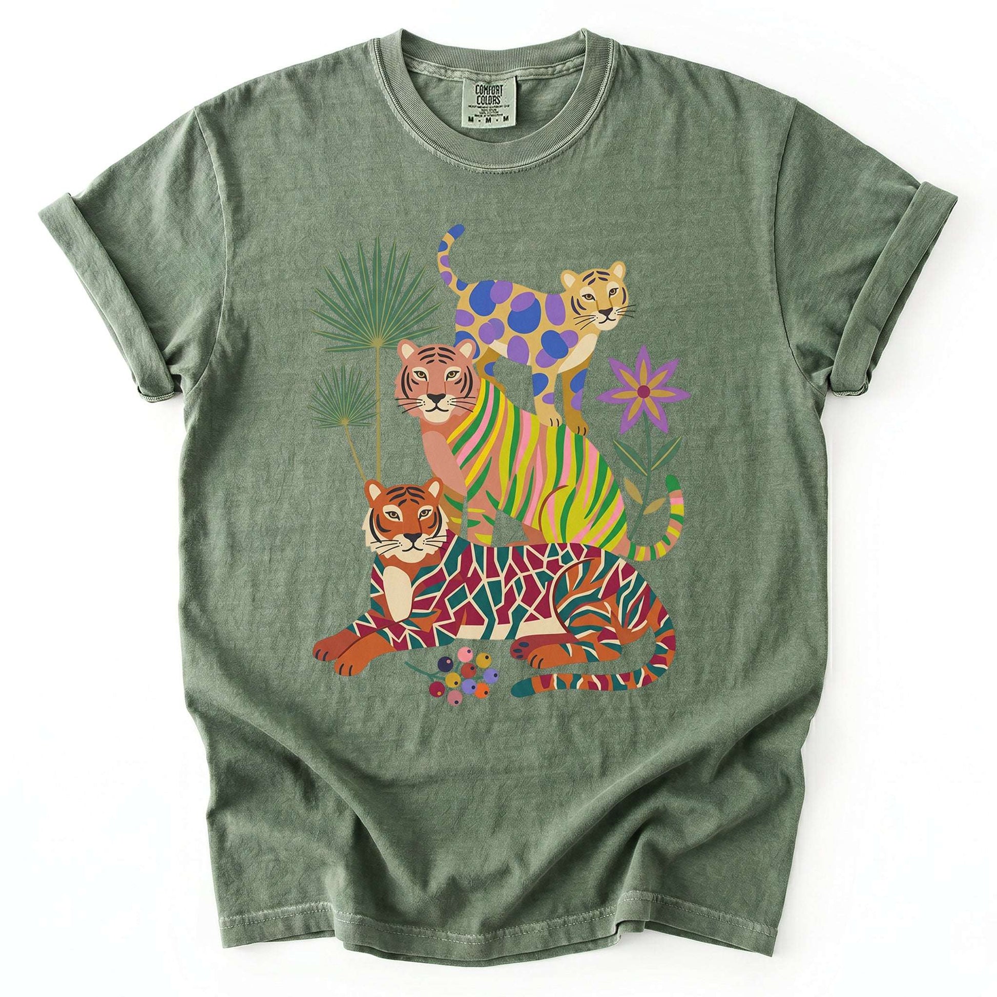 Folk Art Stacked Tigers Vintage Washed T-Shirt