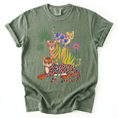 Folk Art Stacked Tigers Vintage Washed T-Shirt