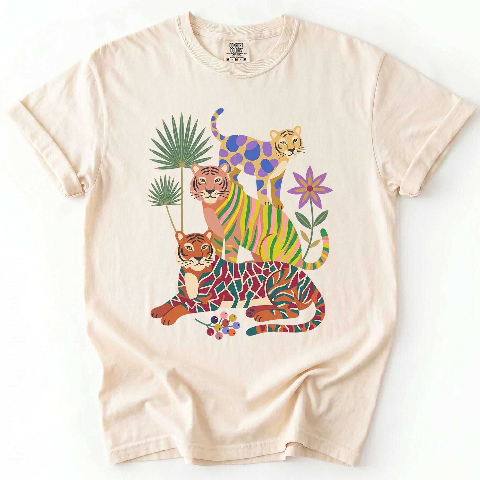 Folk Art Stacked Tigers Vintage Washed T-Shirt