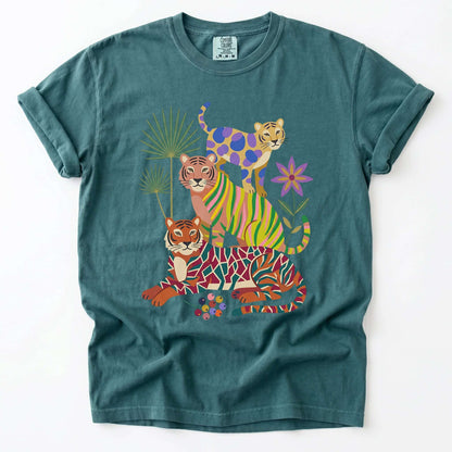 Folk Art Stacked Tigers Vintage Washed T-Shirt