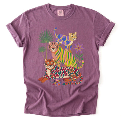 Folk Art Stacked Tigers Vintage Washed T-Shirt