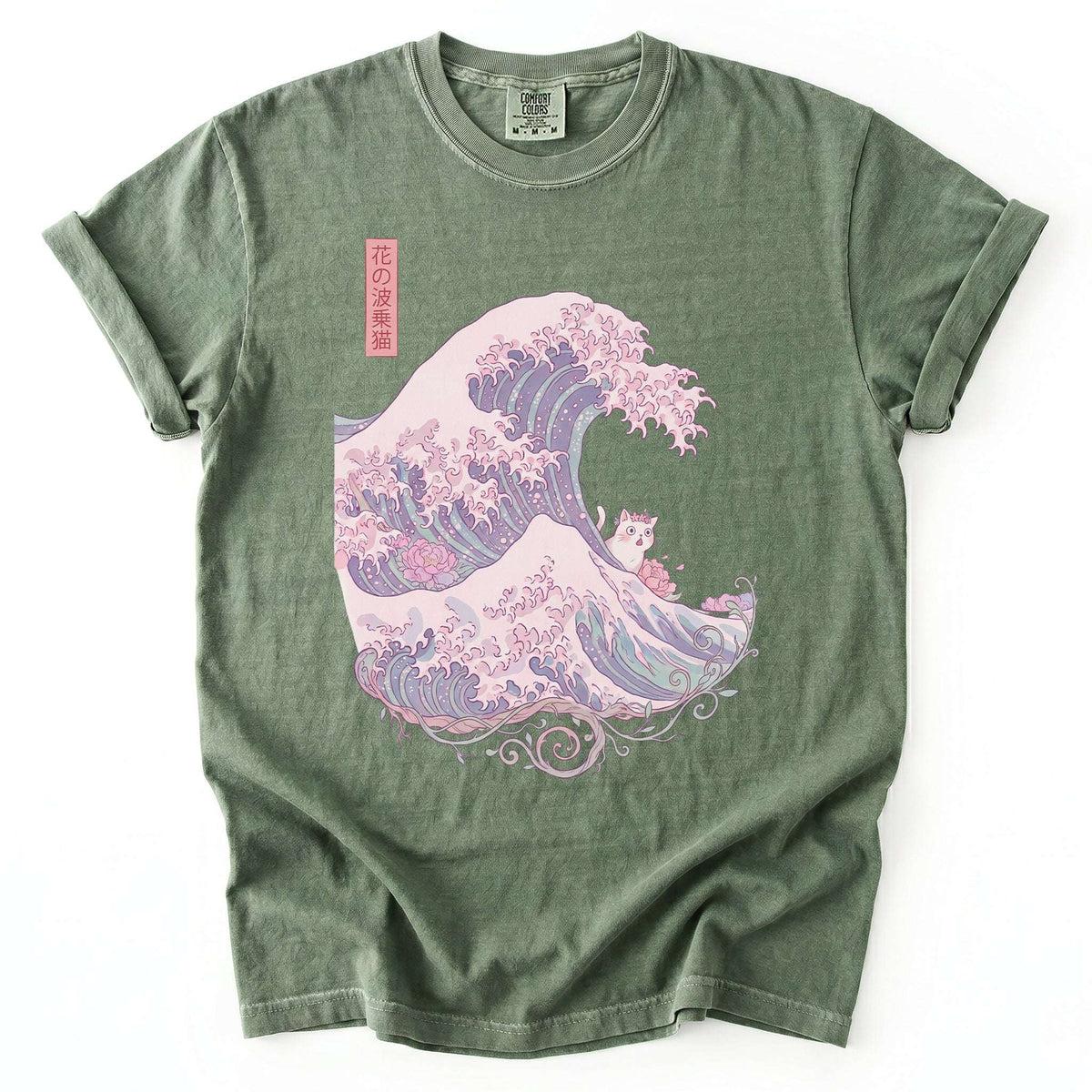 Great Wave Floral Cat Vintage Washed T-Shirt
