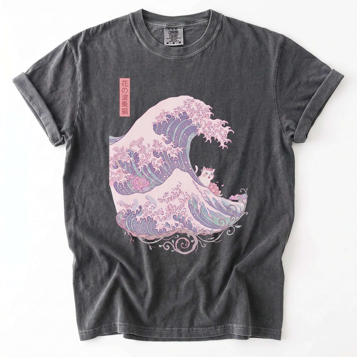 Great Wave Floral Cat Vintage Washed T-Shirt