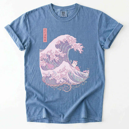 Great Wave Floral Cat Vintage Washed T-Shirt