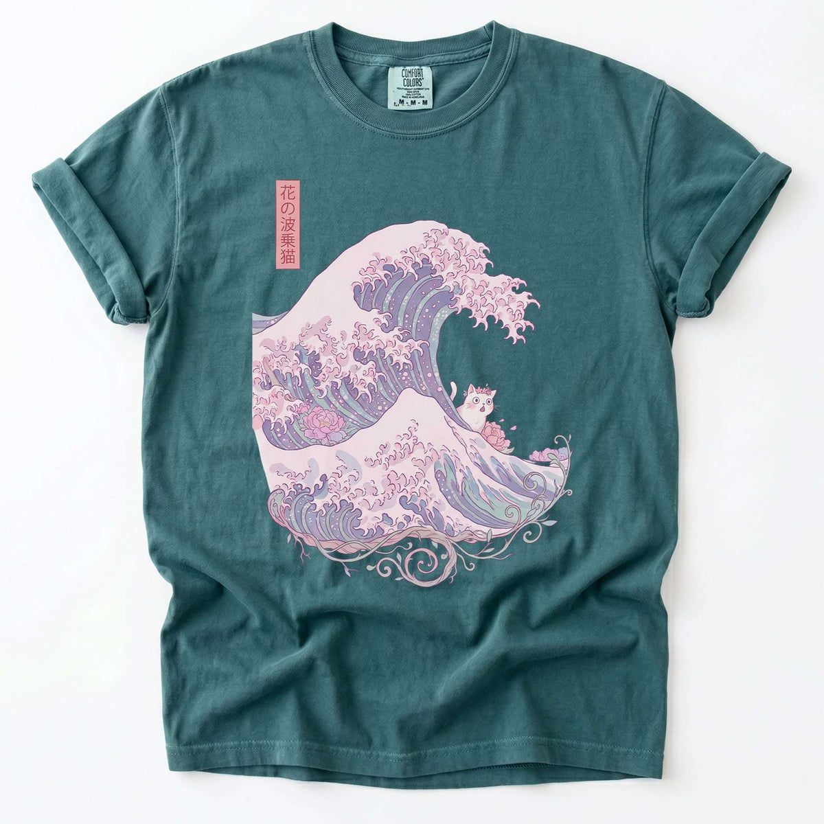Great Wave Floral Cat Vintage Washed T-Shirt