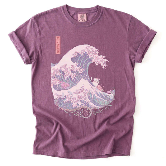 Great Wave Floral Cat Vintage Washed T-Shirt