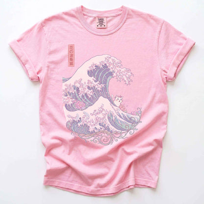 Great Wave Floral Cat Vintage Washed T-Shirt