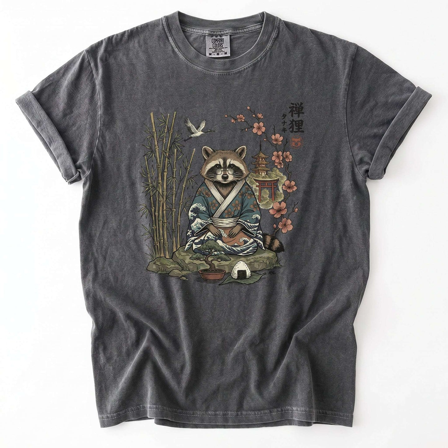 Traditional Japanese Woodblock Zen Raccoon Vintage Washed T-Shirt