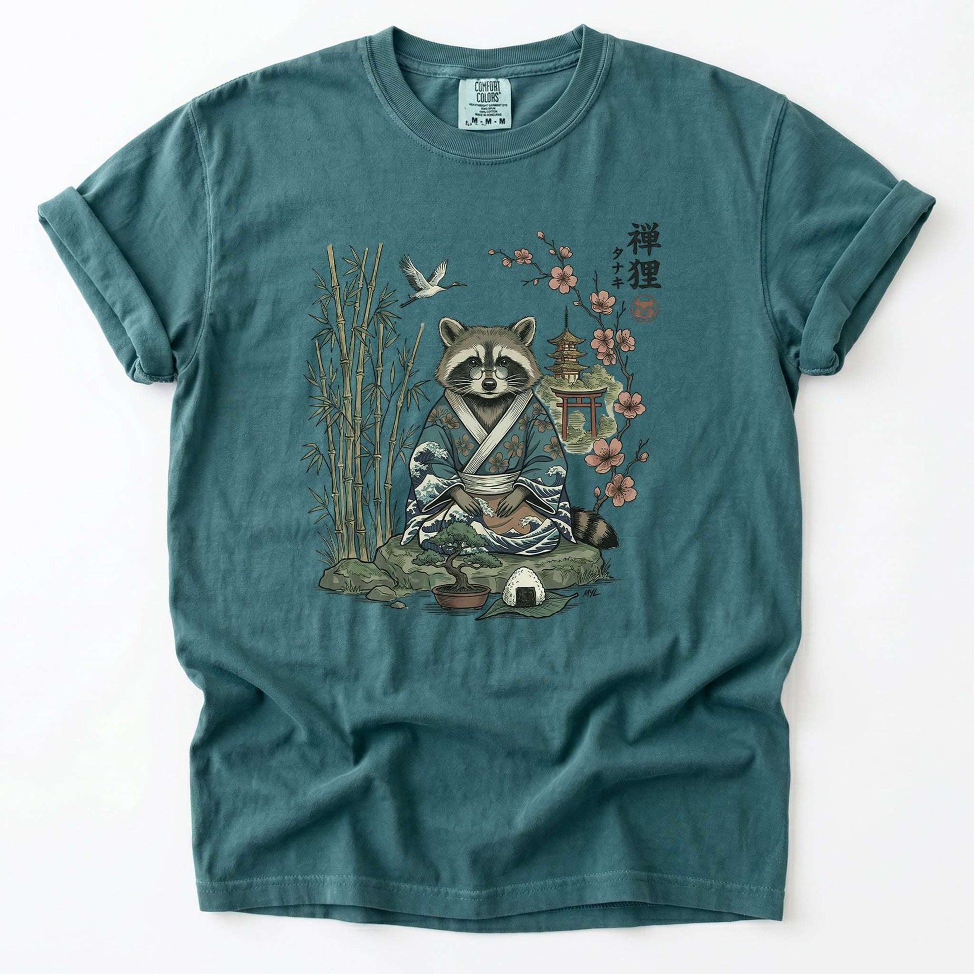 Traditional Japanese Woodblock Zen Raccoon Vintage Washed T-Shirt