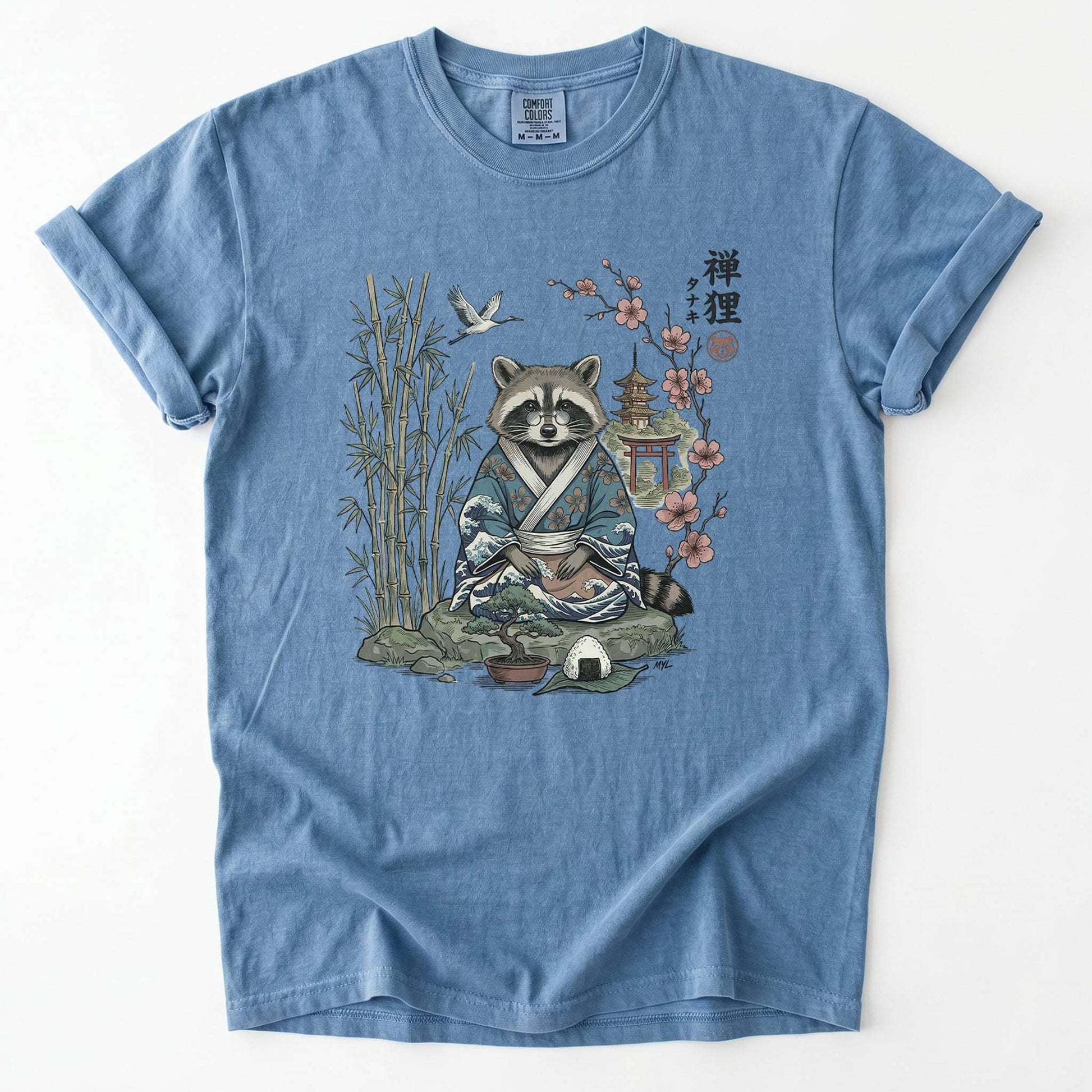 Traditional Japanese Woodblock Zen Raccoon Vintage Washed T-Shirt