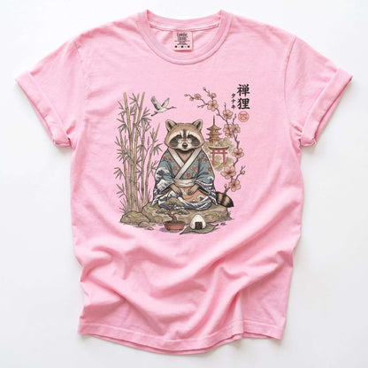 Traditional Japanese Woodblock Zen Raccoon Vintage Washed T-Shirt
