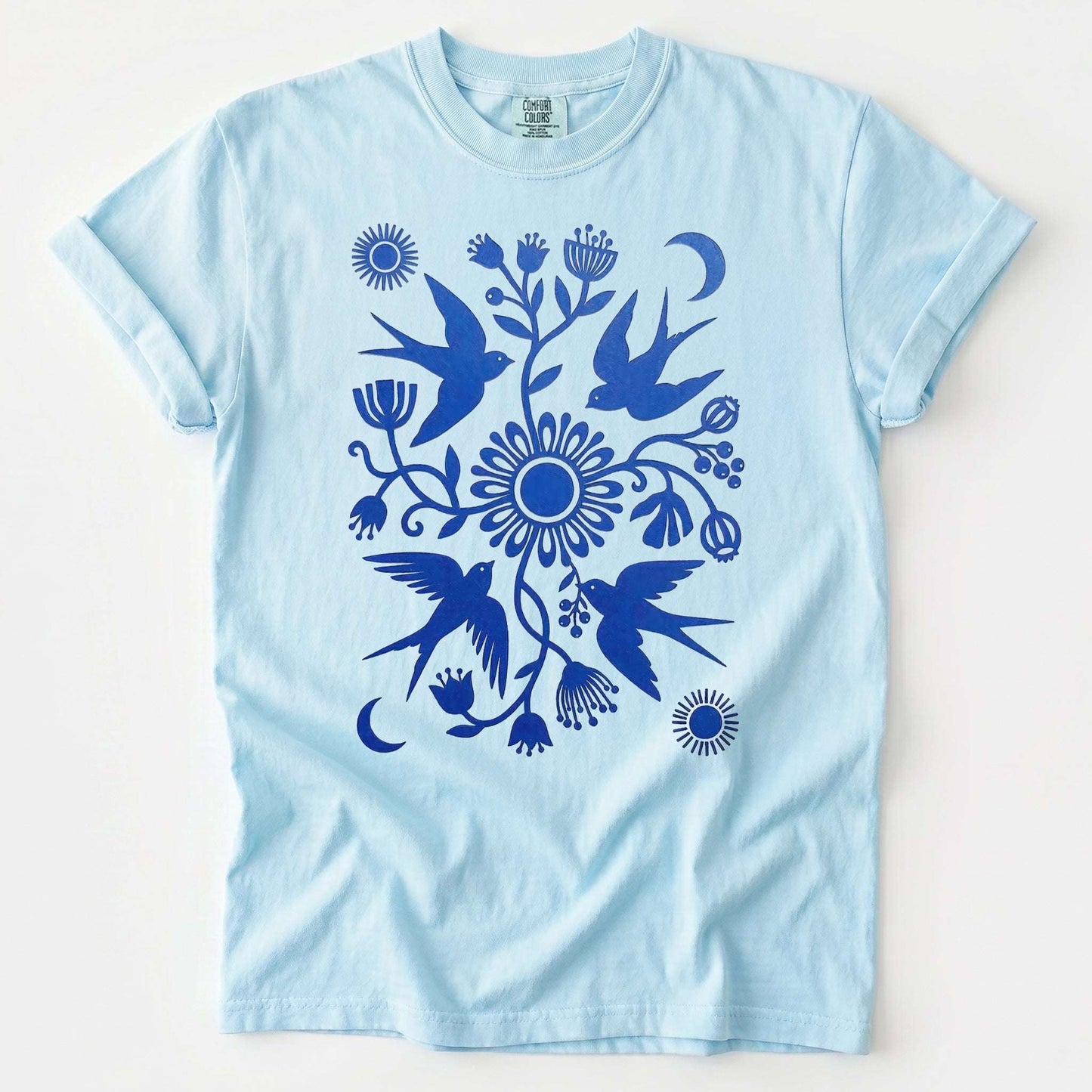 Celestial Linocut Swallows Vintage Washed T-Shirt