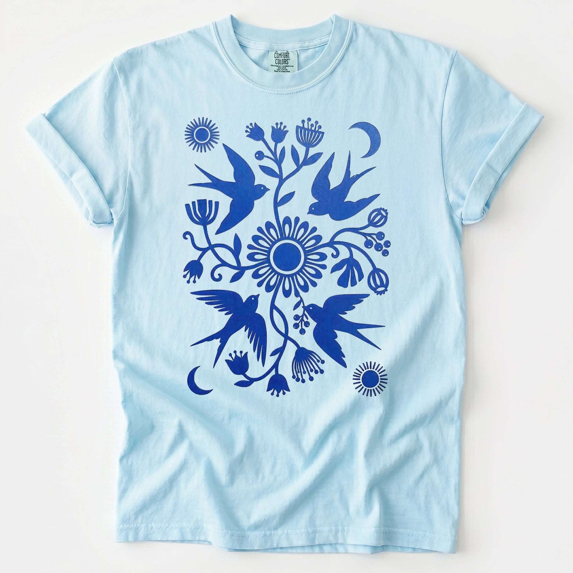 Celestial Linocut Swallows Vintage Washed T-Shirt