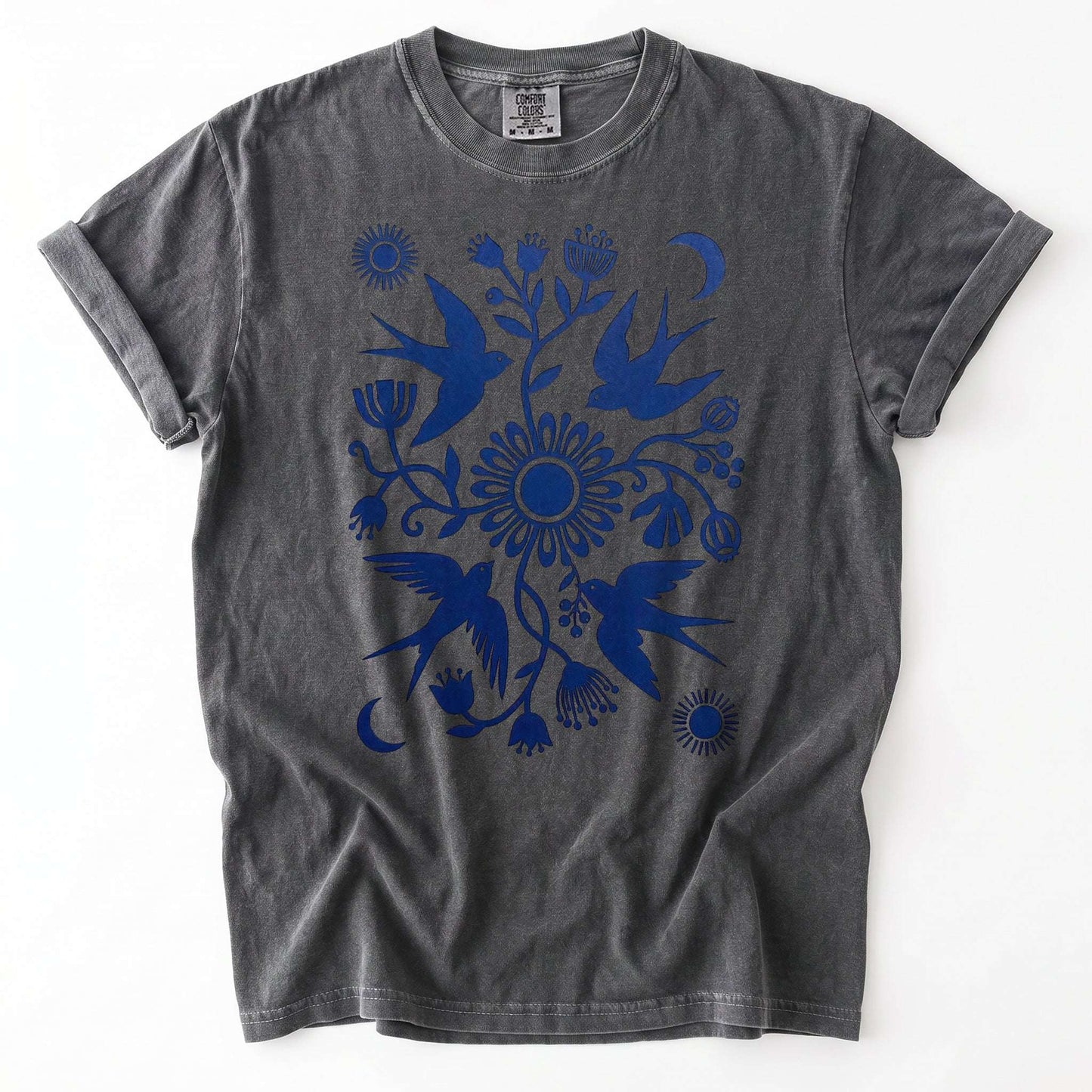 Celestial Linocut Swallows Vintage Washed T-Shirt