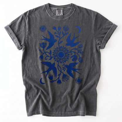 Celestial Linocut Swallows Vintage Washed T-Shirt