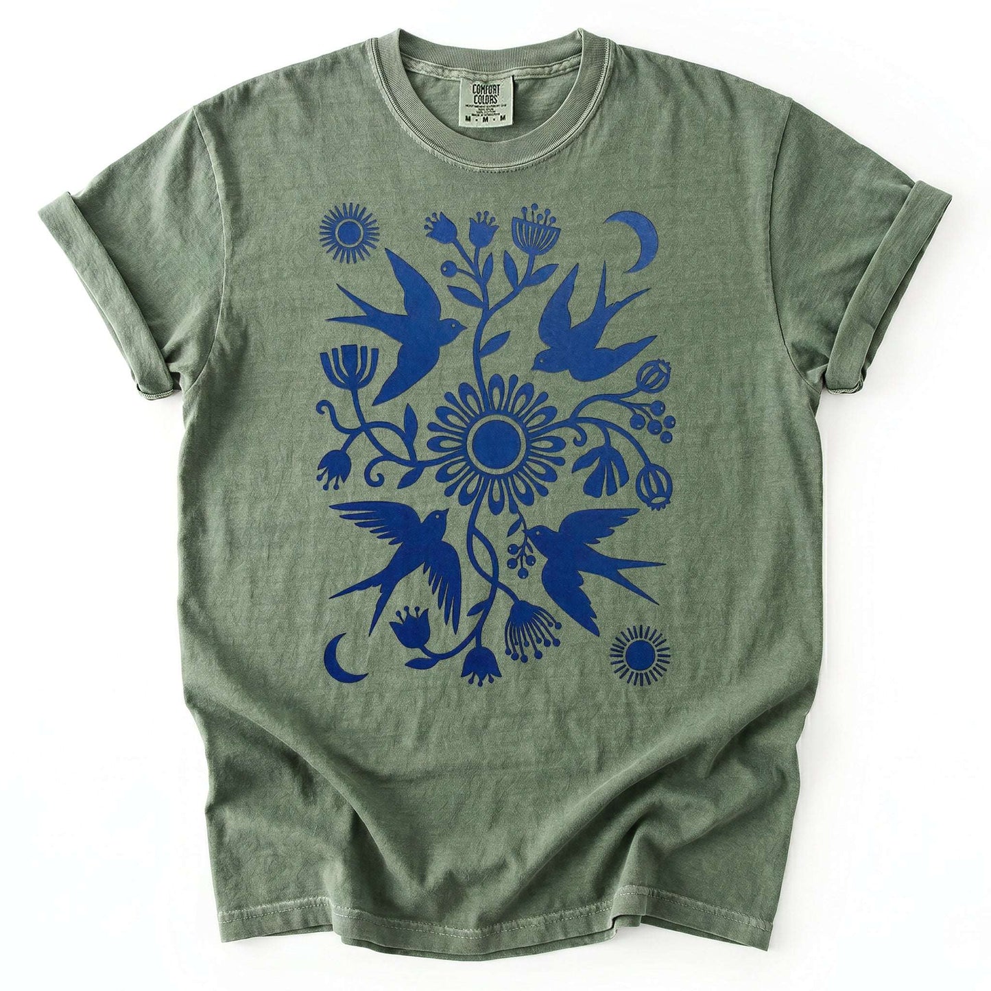 Celestial Linocut Swallows Vintage Washed T-Shirt