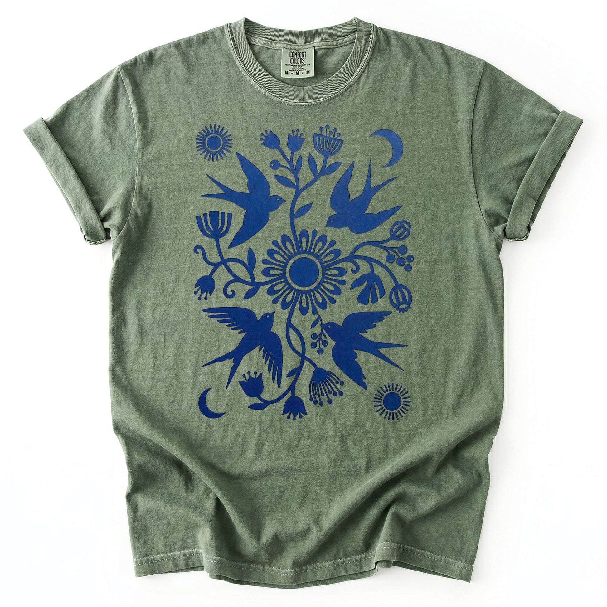 Celestial Linocut Swallows Vintage Washed T-Shirt