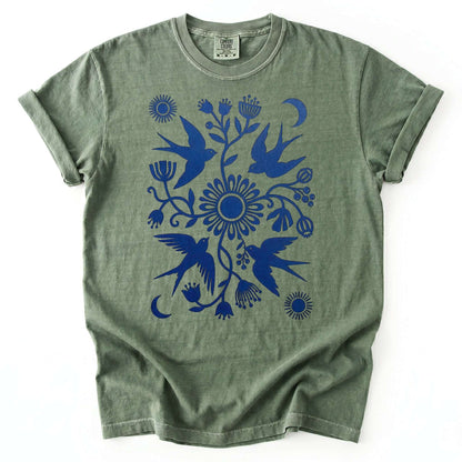 Celestial Linocut Swallows Vintage Washed T-Shirt