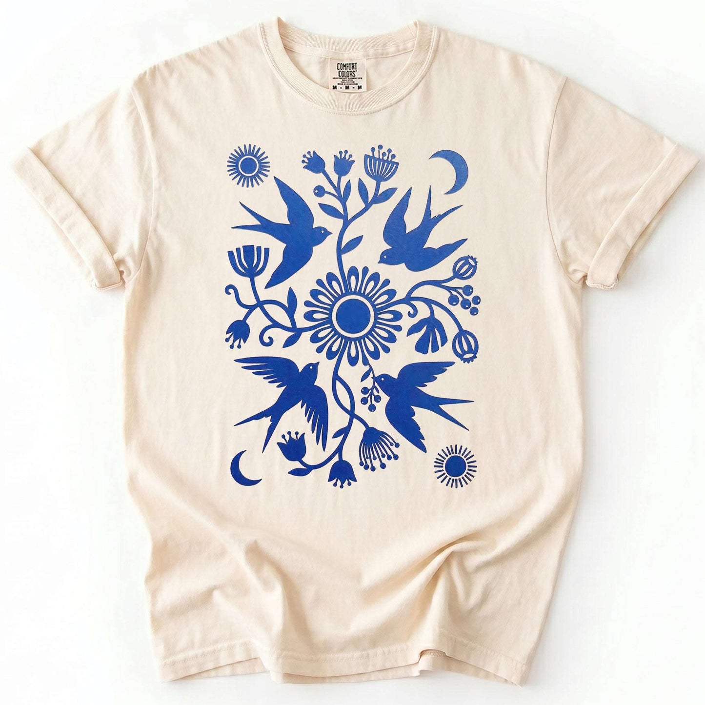 Celestial Linocut Swallows Vintage Washed T-Shirt