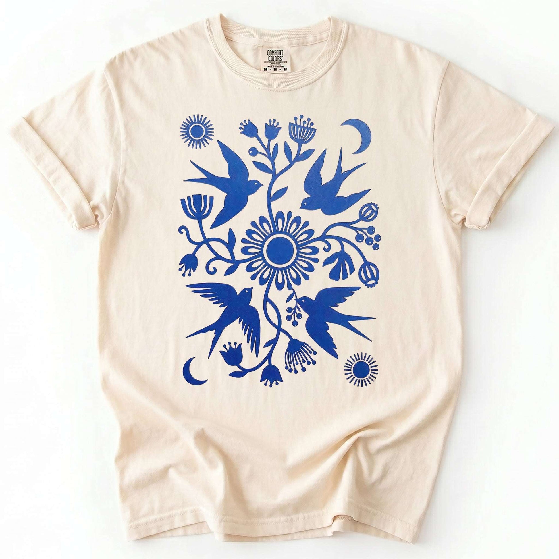 Celestial Linocut Swallows Vintage Washed T-Shirt