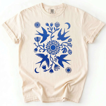 Celestial Linocut Swallows Vintage Washed T-Shirt