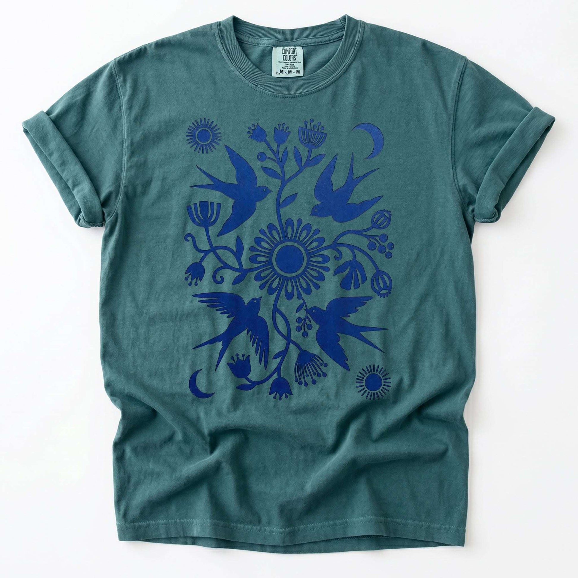 Celestial Linocut Swallows Vintage Washed T-Shirt