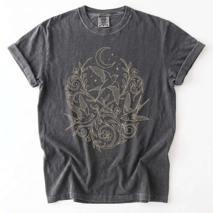 Minimalist Botanical Swallows Vintage Washed T-Shirt