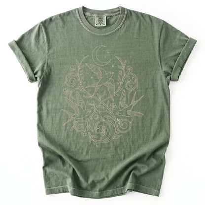 Minimalist Botanical Swallows Vintage Washed T-Shirt