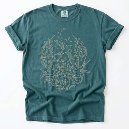 Minimalist Botanical Swallows Vintage Washed T-Shirt