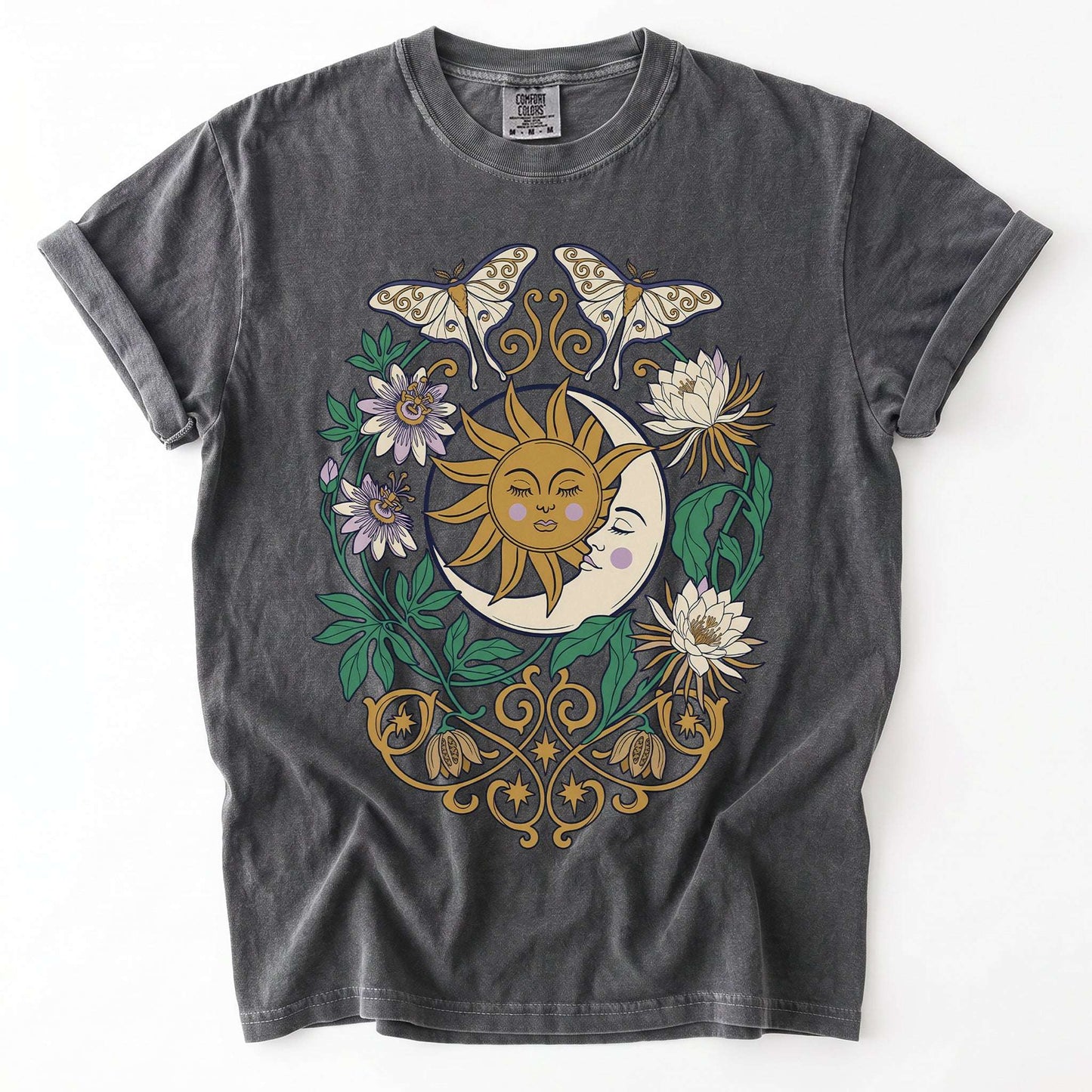 Mystical Crescent Moon & Moth Vintage Washed T-Shirt