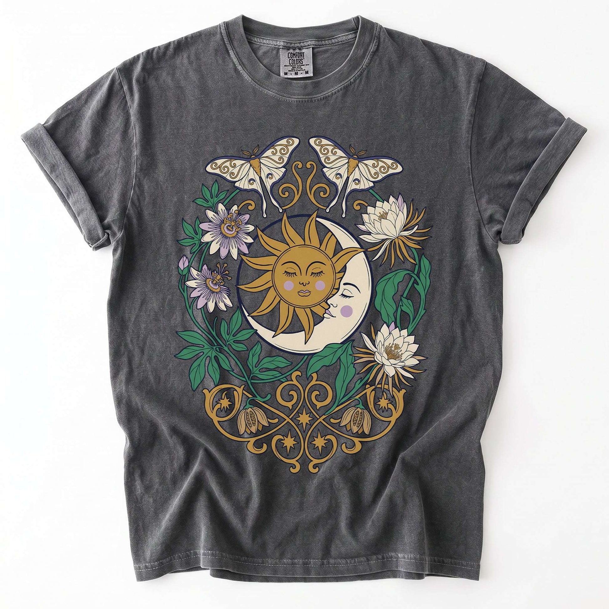 Mystical Crescent Moon & Moth Vintage Washed T-Shirt