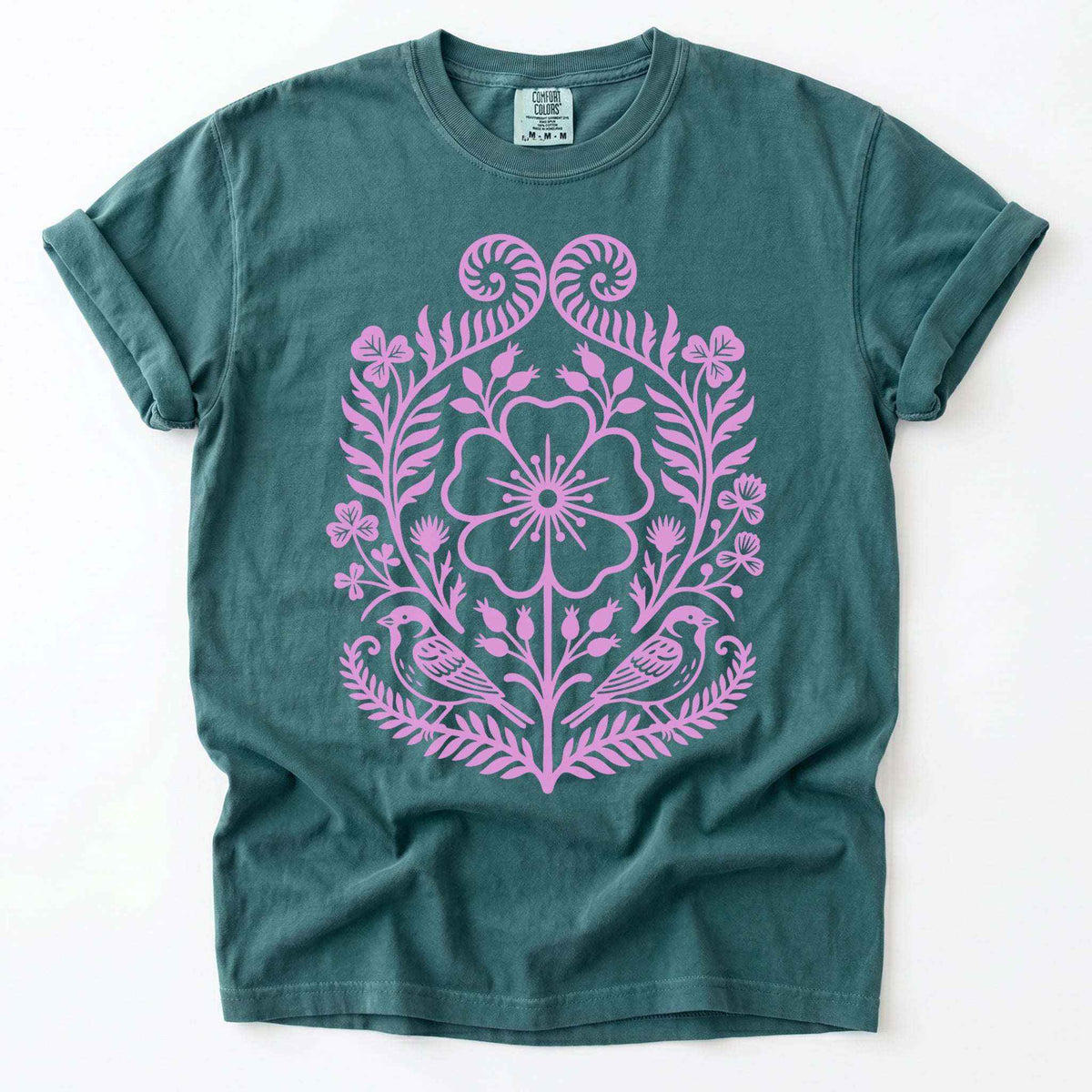 Pink Floral Folk Art Vintage Washed T-Shirt