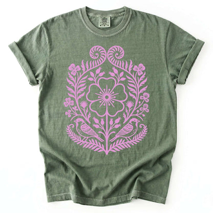 Pink Floral Folk Art Vintage Washed T-Shirt