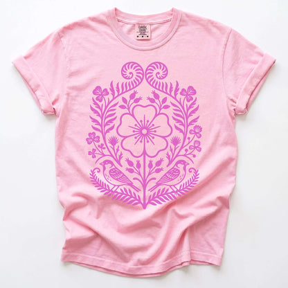 Pink Floral Folk Art Vintage Washed T-Shirt