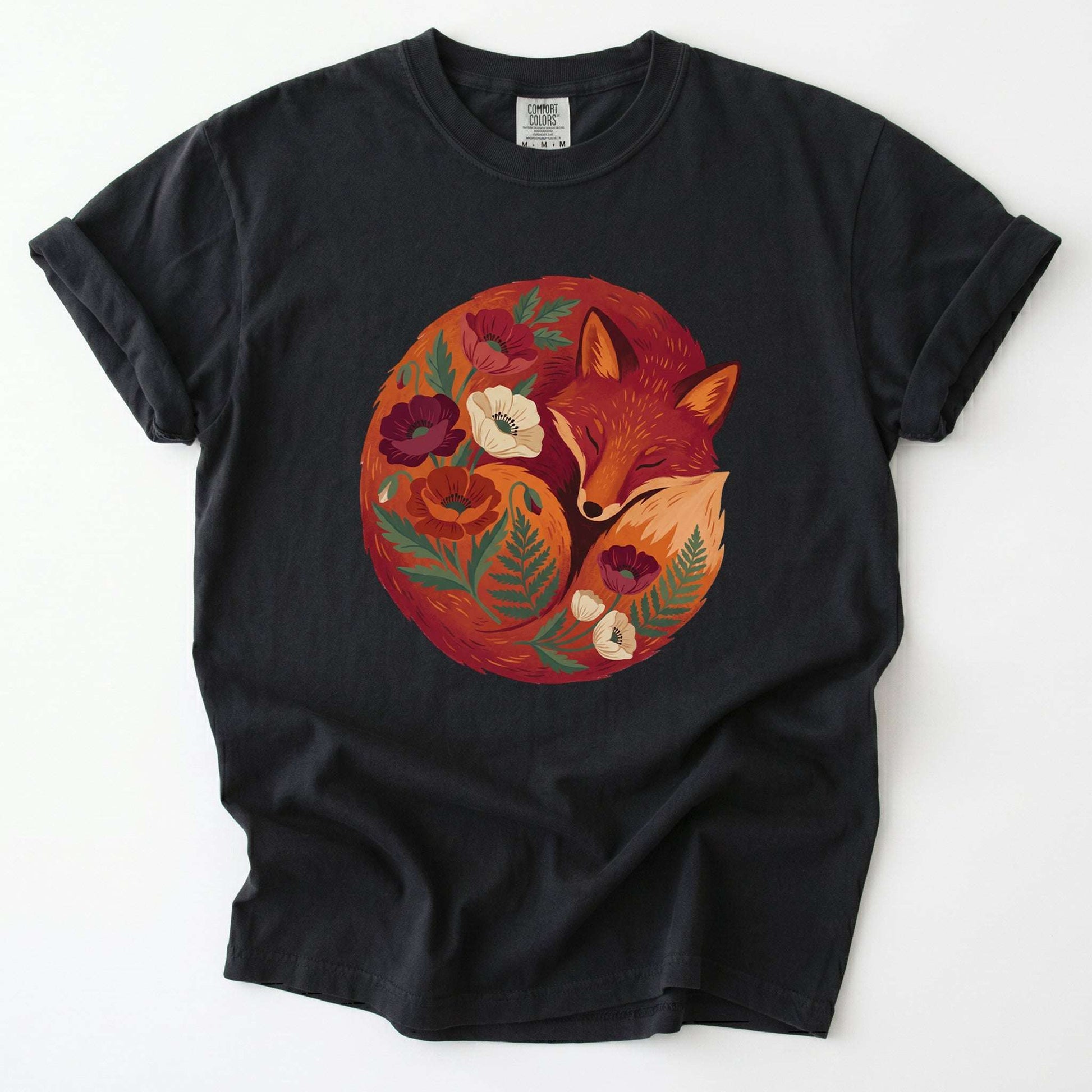 Sleeping Fox Folk Art Vintage Washed T-Shirt