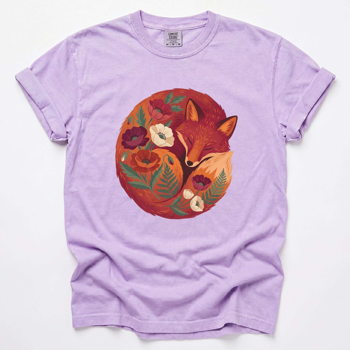 Sleeping Fox Folk Art Vintage Washed T-Shirt