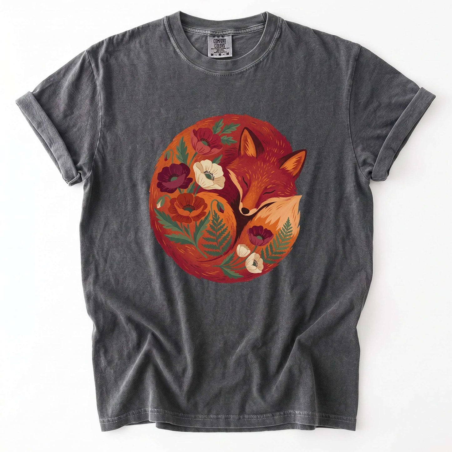 Sleeping Fox Folk Art Vintage Washed T-Shirt
