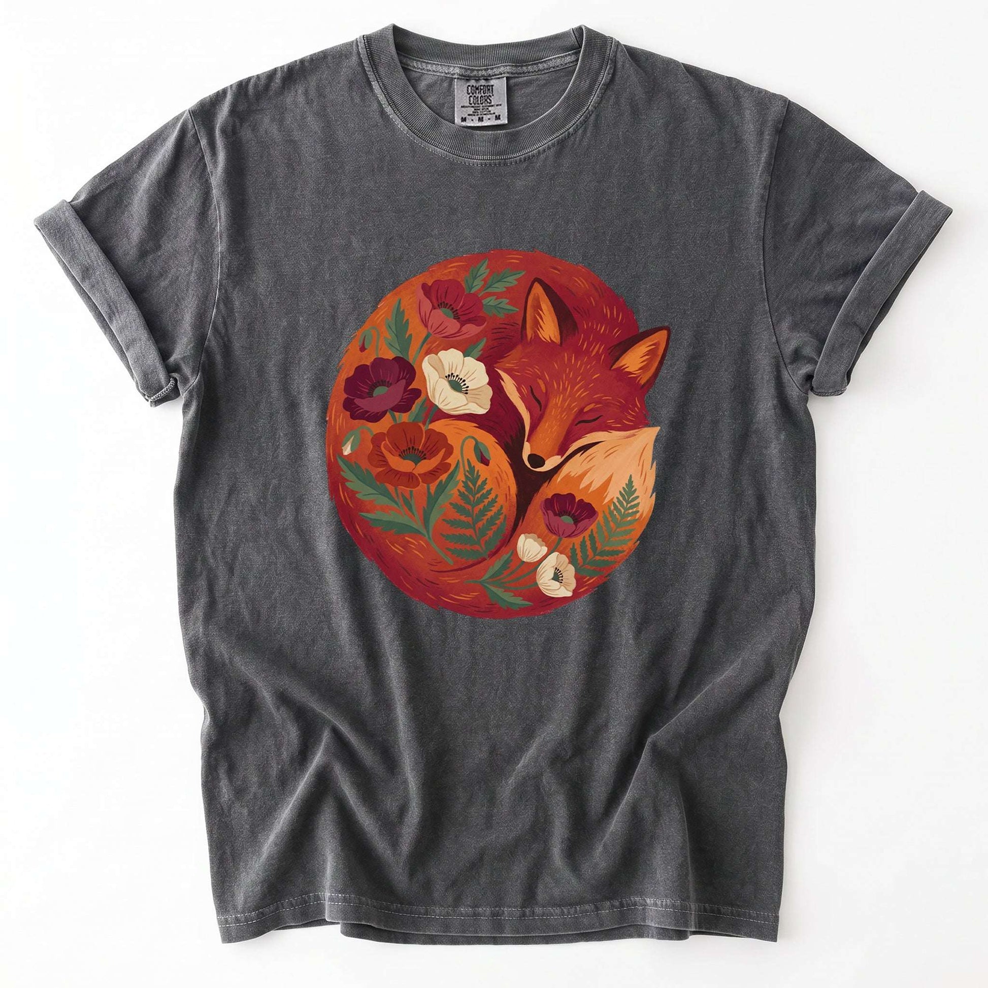 Sleeping Fox Folk Art Vintage Washed T-Shirt