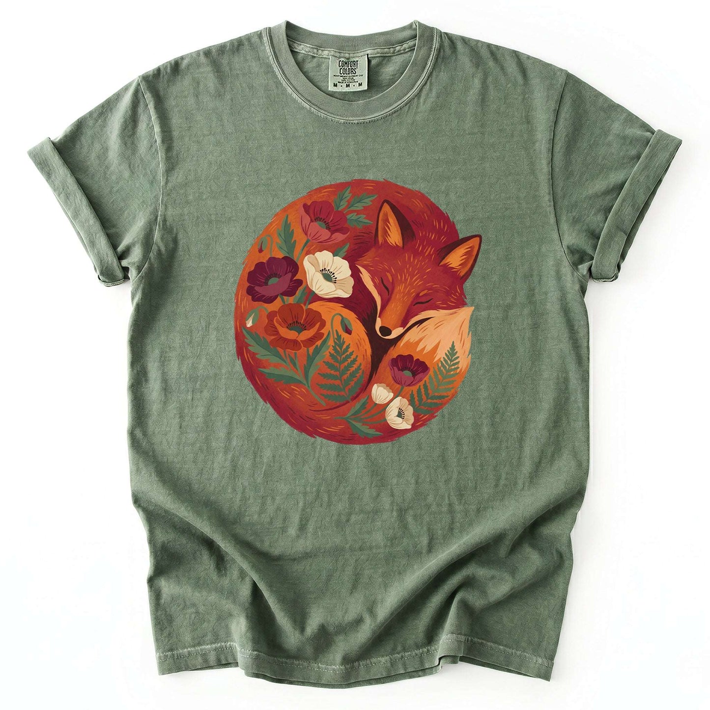 Sleeping Fox Folk Art Vintage Washed T-Shirt